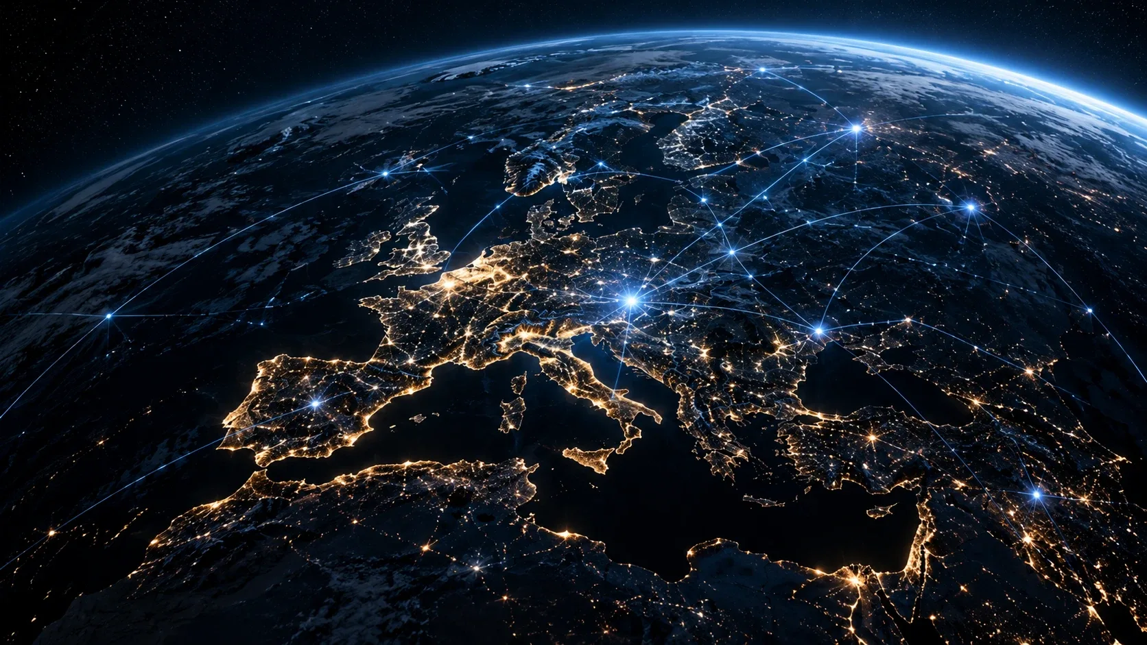 Europa bei Nacht mit leuchtenden Verbindungen