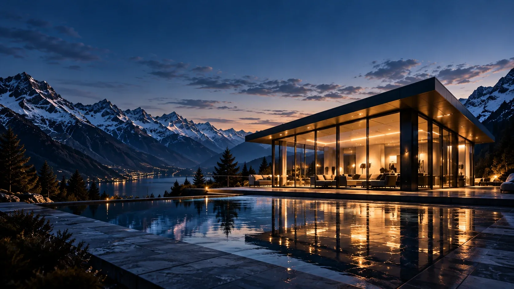 Moderne Glasvilla mit beleuchtetem Pool bei Nacht